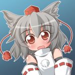  :d animal_ears bare_shoulders blush body_blush bust detached_sleeves face geogeo gradient gradient_background grey_hair hat inubashiri_momiji looking_at_viewer no_nose open_mouth red_eyes smile solo tareme tassel tokin_hat touhou turtleneck wolf_ears 