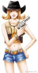  1girl bare_arms bare_shoulders belt bracelet brown_hair closed_mouth cowboy_hat crop_top denim denim_shorts final_fantasy final_fantasy_viii flipped_hair green_eyes gun hand_on_hip hat holding holding_gun jacket jewelry long_hair looking_to_the_side midriff navel necklace revolver ryu_(artist) selphie_tilmitt short_shorts shorts simple_background sleeveless solo standing vest white_background 