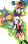  1girl 2boys baseball_cap beanie blush closed_eyes croagunk fingerless_gloves flower gloves happiny hat hikari_(pokemon) kneehighs lying multiple_boys pikachu piplup pokemon pokemon_(anime) pokemon_(creature) satoshi_(pokemon) scarf skirt socks takeshi_(pokemon) 