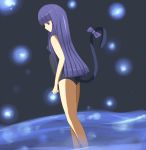  cat_tail frederica_bernkastel legs long_hair looking_back one-piece_swimsuit purple_hair ribbon swimsuit tail umineko_no_naku_koro_ni violet_eyes 