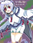  blazblue braid cape character_name eyepatch nu-13 red_eyes silver_hair title_drop 