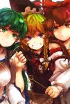  blonde_hair braid brown_hair close-up face frog green_eyes green_hair grin hair_ornament hakurei_reimu hands hat japanese_clothes kirisame_marisa kochiya_sanae long_hair miko multiple_girls purple_eyes red_eyes smile snake touhou violet_eyes wand witch_hat yukizen 