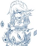  :p bad_id braid card cards falling_card izayoi_sakuya knife maid monochrome myama playing_card solo tongue touhou twin_braids 