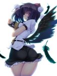  1girl ass black_hair black_wings breasts camera feathers hat highres looking_back pantylines red_eyes shameimaru_aya short_hair simple_background smile solo thighs tokin_hat torisan touhou white_background wings 