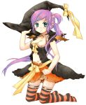  blue_eyes breasts cleavage halloween hat kanae_funwa little_busters! little_busters!! long_hair navel pigtail purple_hair saigusa_haruka short_hair side_ponytail skirt skirt_lift striped striped_legwear striped_thighhighs thigh-highs thighhighs witch_hat 