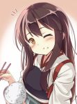  1girl akagi_(kantai_collection) bowl brown_eyes brown_hair chopsticks eating food food_on_face japanese_clothes kantai_collection kyuu_pito long_hair muneate personification rice smile solo wink 