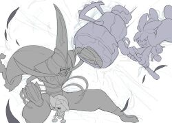  battle closed_eyes cowering eyelashes hammer hands_on_own_head hashtag-only_commentary holding holding_hammer kingambit lineart long_hair monochrome open_mouth pawniard pokemon pokemon_(creature) pokemon_focus smile tinkaton white_background wizter27 