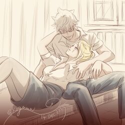  artist_name blonde_hair commentary_request couple dress_suit gintama highres koguma_05 looking_at_another sakata_gintoki scar scar_on_cheek scar_on_face signature skirt tsukuyo_(gintama) twitter_username white_hair 