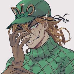  1boy blonde_hair brown_gloves commentary_request cracked_skin diego_brando glasgow_smile gloves green_eyes green_hat green_sweater hat jojo_no_kimyou_na_bouken male_focus mutsuki_(mutuki05) portrait smile solo sparkle steel_ball_run sweater turtleneck turtleneck_sweater 