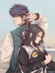  1o8k 2boys alternate_costume alternate_universe back-to-back black_hair blue_eyes blue_hair closed_mouth commentary english_commentary facial_mark fire_emblem fire_emblem:_path_of_radiance forehead_mark headband ike_(fire_emblem) jacket letterman_jacket long_hair male_focus multiple_boys red_eyes red_headband short_hair soren_(fire_emblem) 