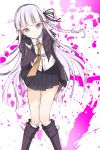  1girl azuki-azuki boots braid braided_hair dangan_ronpa dress_shirt gloves hair_ornament hair_ribbon jacket kirigiri_kyouko knees_together_feet_apart long_hair looking_away necktie paint_splatter purple_hair ribbon shirt skirt socks solo violet_eyes 