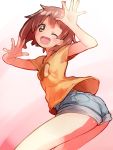  ;d brown_eyes brown_hair casual denim denim_shorts highres jewelpet_happiness looking_back nyama open_mouth outstretched_hand short_hair short_shorts shorts smile t-shirt tsukikage_chiari wink 