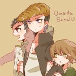  3boys black_hair brown_eyes brown_hair dangan_ronpa fujisaki_chihiro hug ishimaru_kiyotaka long_hair mulitple_boys oowada_mondo red_eyes school_uniform short_hair uniform violet_eyes 