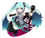  1girl aqua_eyes aqua_hair boots character_name detached_sleeves hatsune_miku highres keid long_hair microphone necktie open_mouth skirt solo thigh_boots thighhighs twintails very_long_hair vocaloid 