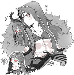  2boys chest_tattoo chibi closed_mouth collarbone commentary_request cu_chulainn_(fate) cu_chulainn_alter_(fate) detached_hood doll doll_on_shoulder elbow_gloves facial_mark fate/grand_order fate_(series) gloves greyscale highres looking_at_another loose_hair_strand male_focus mini_cu-chan_(fate) mitsudomoe_(shape) monochrome monster_boy multiple_boys osoba_(smen29) red_eyes simple_background speech_bubble spiked_tail tail tattoo thought_bubble tomoe_(symbol) upper_body white_background 