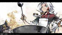  1boy 1girl absurdres animal_ears apron black_hair black_sclera blue_eyes cat_ears cat_girl closed_mouth colored_sclera cooking copyright_name copyright_notice facial_mark food forehead_mark fried_rice green_eyes heterochromia highres holding holding_ladle ink_wash_painting ladle letterboxed logo looking_down low_ponytail male_focus official_art official_wallpaper ponytail red_shirt shirt smile upper_body white_apron white_background white_hair wok wutong_(xinyue_tongxing) xingshen_(xinyue_tongxing) xinyue_tongxing 