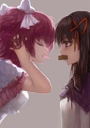  adjusting_hair akemi_homura black_hair blackrabbitsoul bow closed_eyes food goddess_madoka hair_bow hair_ribbon kaname_madoka mahou_shoujo_madoka_magica mouth_hold pink_hair ribbon violet_eyes yuri 