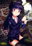  1girl black_hair blush edogawakid gokou_ruri gun highres long_hair mole ore_no_imouto_ga_konna_ni_kawaii_wake_ga_nai pink_eyes police police_uniform thighhighs uniform weapon 