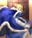  1girl absurdres ahoge armor blonde_hair cape dress fate/stay_night fate_(series) faulds from_behind green_eyes hair_ribbon highres juliet_sleeves long_sleeves puffy_sleeves ribbon saber solo xiaoya 