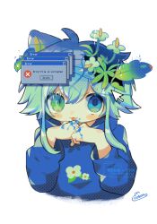  1boy animal_ears blue_eyes blue_hair blue_hoodie blush cat_ears commentary cotono_(nazekun) cursor english_commentary error_message fangs flower glitch green_eyes green_hair hair_between_eyes halftone hand_on_own_chin hands_up highres hood hoodie looking_at_viewer male_focus multicolored_eyes original plant_on_head revision signature simple_background watermark white_background window_(computing) 