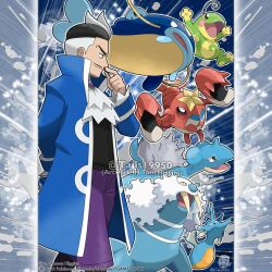  1boy arm_behind_back arms_up artist_name ascot black_hair black_shirt blue_jacket blue_lips brown_eyes closed_mouth commentary company_name copyright_notice crawdaunt dive_ball english_commentary facial_hair from_side holding holding_poke_ball instagram_username jacket juan_(pokemon) kingdra lapras long_sleeves male_focus merchandise_available mustache nostrils official_style open_mouth outline pants pencil_mustache poke_ball pokemon pokemon_(creature) pokemon_emerald pokemon_rse politoed purple_pants shirt short_hair smile tom_higgins tusks walrein watermark whiscash white_ascot white_hair white_outline yellow_eyes 