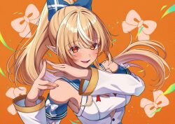  1girl blonde_hair blue_bow blue_sailor_collar bow bowtie breasts chameleon_(chameleon0613) cleavage_cutout clothing_cutout commentary dark-skinned_female dark_elf dark_skin detached_sleeves elf hair_bow hololive long_hair long_sleeves looking_at_viewer medium_breasts multicolored_hair open_mouth orange_background orange_eyes own_hands_together pointy_ears ponytail red_bow red_bowtie sailor_collar shiranui_flare shiranui_flare_(1st_costume) sidelocks smile solo streaked_hair two-tone_hair upper_body virtual_youtuber white_bow white_hair white_sleeves 