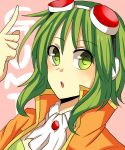  1girl bad_id bust character_name goggles goggles_on_head green_eyes green_hair gumi open_mouth pointing pointing_up short_hair solo sora_(kirara114) vocaloid 