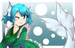  1girl blue_eyes blue_hair fins fish_tail head_fins highres japanese_clothes kimono mermaid monster_girl short_hair smile solo touhou wakasagihime wink wool_(miwol) 