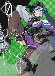  1girl assault_rifle baseball_cap blue_hair bodysuit commentary_request frilled_bodysuit girls'_frontline_2:_exilium girls_frontline green_eyes gun hat highres hk416_(girls'_frontline) jacket klukai_(girls'_frontline_2) light_smile multicolored_bodysuit purple_jacket r9k1 rifle simple_background tattoo teardrop teardrop_facial_mark teardrop_tattoo thigh-highs two-tone_bodysuit weapon 