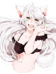  1girl ahoge animal_ears bakemonogatari black_bra black_hanekawa blush bra breasts cat_ears fangs hanekawa_tsubasa long_hair looking_at_viewer monogatari_(series) motyaaaaaaa open_mouth silver_hair simple_background solo underwear white_background yellow_eyes 