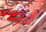  1girl archerko black_legwear bow braid breasts fate/stay_night fate_(series) gears genderswap hair_bow long_hair parted_lips red_eyes single_braid smile solo thighhighs unlimited_blade_works very_long_hair walhalla white_hair zettai_ryouiki 