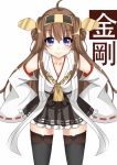  1girl bare_shoulders black_legwear blush boots breasts brown_hair detached_sleeves double_bun hair_ornament hairband hasu_(velicia) headgear highres japanese_clothes kantai_collection kongou_(kantai_collection) long_hair miko personification skirt smile solo thigh_boots thighhighs violet_eyes wide_sleeves 