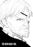  1boy beard character_request copyright_name eyepatch facial_hair gamigamimissile monochrome nanatsu_no_taizai short_hair simple_background solo tagme white_background 