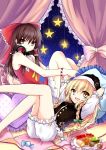  2girls absurdres arms_behind_head bare_arms blonde_hair bloomers bow bracelet braid brown_eyes brown_hair candy canopy_bed cookie dress food hair_bow hair_tubes hakurei_reimu hat headphones headphones_around_neck highres hysteria jewelry kirisame_marisa legs_up looking_at_viewer lying multiple_girls no_pants on_back on_bed open_mouth pillow plate red_dress shirt single_braid sitting smile star touhou underwear yellow_eyes 