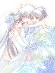  bangs bridal_veil carrying dress elbow_gloves embarrassed family father_and_daughter from_behind gloves happy if_they_mated kamijou_touma kanzaki_kaori long_hair mother_and_daughter piggyback ponytail princess_carry short_hair spiky_hair to_aru_majutsu_no_index touryou tuxedo veil wedding wedding_dress 