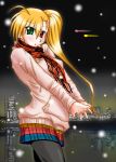  1girl adult ahoge blonde_hair cityscape green_eyes hands_clasped heterochromia highres hoodie j-wabe long_hair lyrical_nanoha mahou_shoujo_lyrical_nanoha_strikers night night_sky open_mouth outdoors pantyhose plaid ponytail red_eyes scarf side_ponytail skirt sky snow solo stretch vivio water 