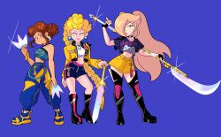  3girls absurdres baggy_pants big_hair black_boots black_gloves blonde_hair blue_background blue_pants blue_shirt boots brown_hair commentary cosplay cropped_shirt dutch_braided_ponytail earrings english_commentary fingerless_gloves full_body gloves hand_on_hilt high_heel_boots high_heels highres holding holding_polearm holding_weapon jacket jewelry knee_boots kpop_demon_hunters lips long_hair mayo_(funnyhoohooman) midriff mira_(kpop_demon_hunters) mira_(kpop_demon_hunters)_(cosplay) multiple_girls pants polearm ponytail princess_daisy princess_peach purple_shirt rosalina rumi_(kpop_demon_hunters) rumi_(kpop_demon_hunters)_(cosplay) shirt simple_background smile sphere_earrings standing super_mario_bros. sword thigh_boots very_long_hair weapon white_shirt yellow_jacket zoey_(kpop_demon_hunters) zoey_(kpop_demon_hunters)_(cosplay) 