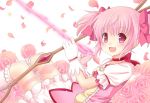  1girl arrow blush bow bow_(weapon) choker flower gloves hair_bow kaname_madoka kapuchii looking_at_viewer magical_girl mahou_shoujo_madoka_magica open_mouth petals pink_eyes pink_hair rose short_hair smile solo twintails weapon white_gloves 