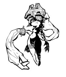  1girl closed_mouth colored_skin commentary english_commentary fake_horns fang fang_out flat_chest full_body greyscale helmet helmet_over_one_eye highres horned_helmet horns long_pointy_ears looking_at_viewer midna monochrome multicolored_skin navel one_eye_covered pointy_ears ponytail slit_pupils solo tatodrudis the_legend_of_zelda the_legend_of_zelda:_twilight_princess two-tone_skin 