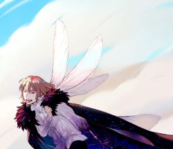  1boy black_cape black_gloves cape commentary_request crown dragonfly_wings fate/grand_order fate_(series) gloves grey_hair greyscale male_focus medium_hair monochrome oberon_(fate) oberon_(third_ascension)_(fate) shibakou shirt single_glove solo tongue tongue_out upper_body white_shirt 