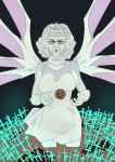  1girl cookie cookie_clicker cross dress end_of_evangelion food glasses grandma_(cookie_clicker) isono_tara lilith_(ayanami_rei) old_woman parody red_eyes solo white_dress white_hair white_skin wings 