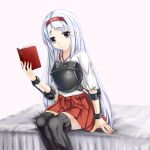  1girl black_legwear book brown_eyes hairband highres japanese_clothes kantai_collection long_hair looking_at_viewer muneate personification shoukaku_(kantai_collection) silver_hair sitting smile solo thighhighs 