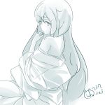  1girl bare_shoulders long_hair looking_back monochrome simple_background solo very_long_hair white_background wingheart 