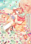  1girl brown_hair closed_fan fan floral_print flower folding_fan hair_flower hair_ornament hexagon japanese_clothes kikumon kimono long_hair original petals sandals seigaiha short_kimono smile solo thigh-highs toeless_socks toenail_polish violet_eyes 