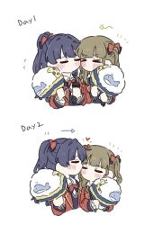  >_< 2girls 5th_live_tour_~4pair_power_spread!!!!~ arrow_(symbol) black_vest bow bowtie brown_hair cheek-to-cheek closed_eyes collared_shirt commentary comparison cotton_candy dollchestra flying_sweatdrops food heads_together heart holding holding_cotton_candy holding_food holding_microphone jacket kachimachi_kosuzu kissing_head link!_like!_love_live! love_live! microphone multiple_girls murano_sayaka notice_lines official_alternate_costume open_clothes open_jacket ponytail raised_inner_eyebrows red_bow red_bowtie red_jacket shirt simple_background sugar_melt_(love_live!) symbol-only_commentary taiyou_de_are! twintails vest virtual_youtuber white_background white_shirt zueka27 