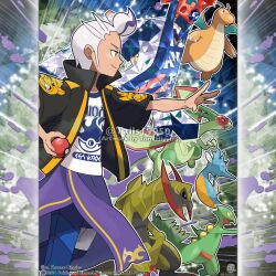  1boy archaludon artist_name black_eyes black_jacket blue_pants character_print claws closed_mouth commentary company_name copyright_notice dragon dragon_wings dragonite drayton_(pokemon) english_commentary fangs flygon from_side haxorus highres holding holding_poke_ball instagram_username jacket kingdra long_sleeves male_focus maschiff merchandise_available multicolored_hair official_style open_clothes open_jacket open_mouth outline outstretched_arm pants poke_ball poke_ball_(basic) poke_ball_print pokemon pokemon_(creature) pokemon_sv purple_hair red_eyes sceptile shirt short_hair smile streaked_hair terastallization tom_higgins two-tone_hair watermark white_hair white_outline white_shirt wings yellow_eyes 