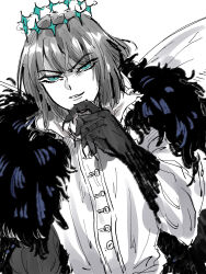  1boy aqua_eyes cape crown dragonfly_wings evil_smile fate/grand_order fate_(series) fur-trimmed_cape fur_trim grey_hair highres male_focus mutsuki_(mutuki05) oberon_(fate) oberon_(third_ascension)_(fate) smile solo upper_body 