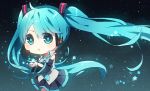  1girl aqua_eyes aqua_hair chibi detached_sleeves hatsune_miku headset long_hair necktie skirt solo star twintails very_long_hair vocaloid yuya_kyoro 