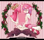  2girls blonde_hair flower gloves hair_ribbon head_wreath hina_ichigo kaname_madoka kuwae magical_girl mahou_shoujo_madoka_magica multiple_girls pink_background pink_hair ribbon rozen_maiden 