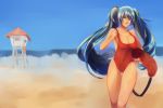  1girl aerlai baywatch beach blue_eyes blue_hair breasts cleavage large_breasts league_of_legends long_hair ocean one-piece_swimsuit red_swimsuit running solo sona_buvelle swimsuit thigh_gap twintails very_long_hair 